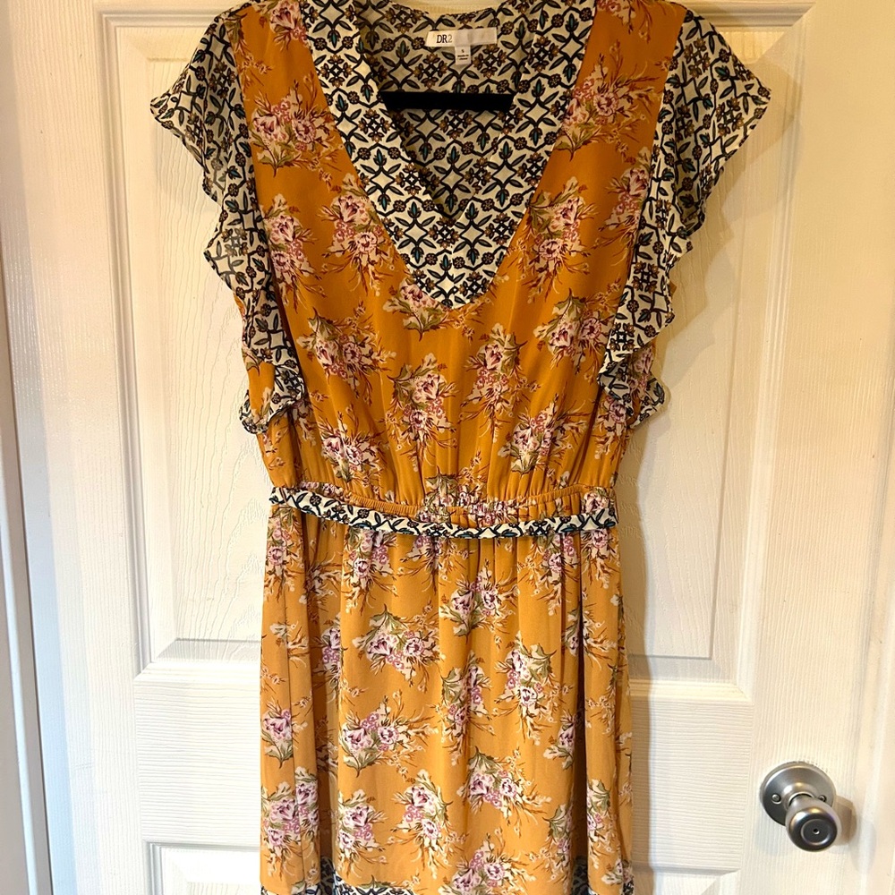 DR2 (Nordstrom) Mustard Mixed Print Midi Dress - Picture 1 of 3